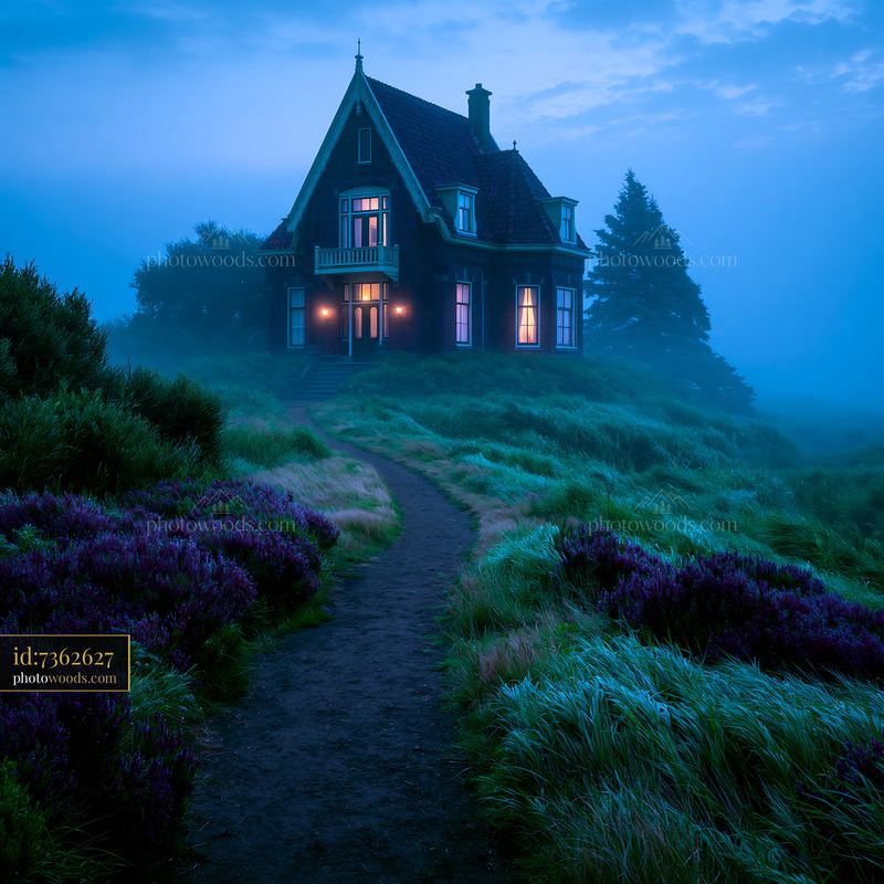 Dutch Brick Country Manor in Misty Landscape at Twilight