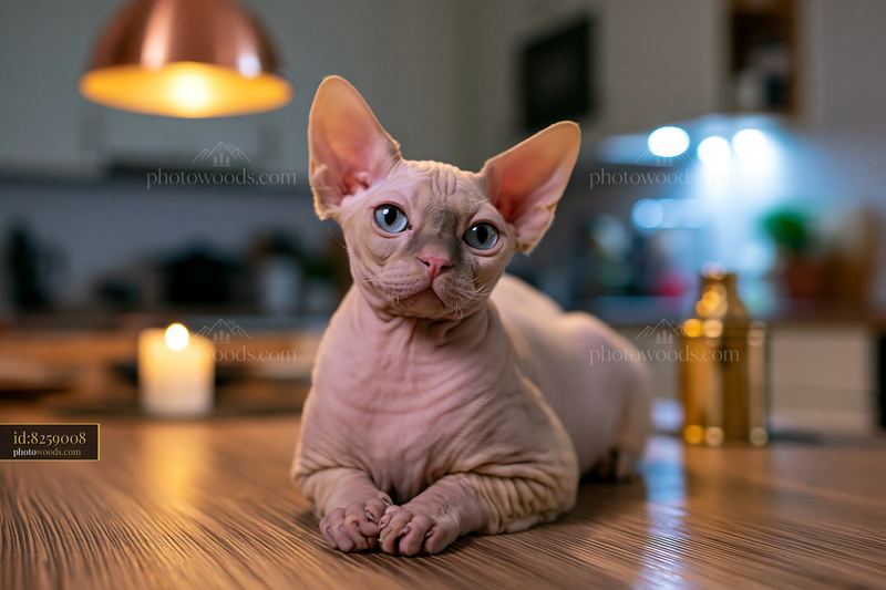 Dwelf cat portrait on a wooden table in a cozy kitchen setting