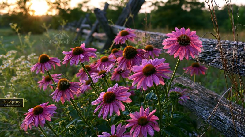 Echinacea flowers in prairie near a wooden fence at sunset