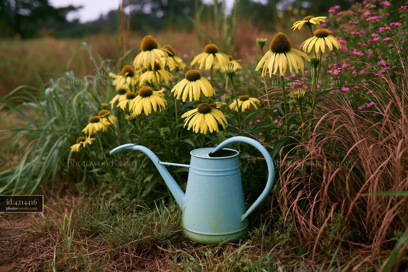 Echinacea flowers in prairie with a watering can nearby