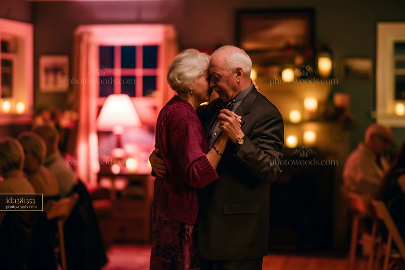 Elderly couple slow dancing together in a warmly lit living room