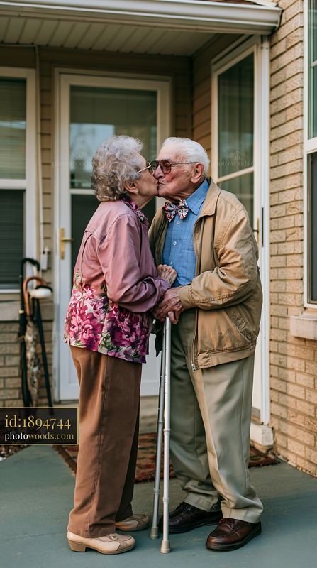Elderly couple kissing on a home porch