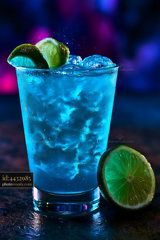 Electric Blue Lagoon Cocktail With Lime Slices