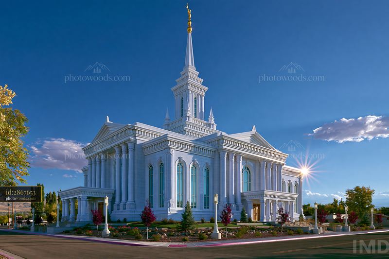 Elko Nevada Temple Under Clear Blue Sky With Sun Flare
