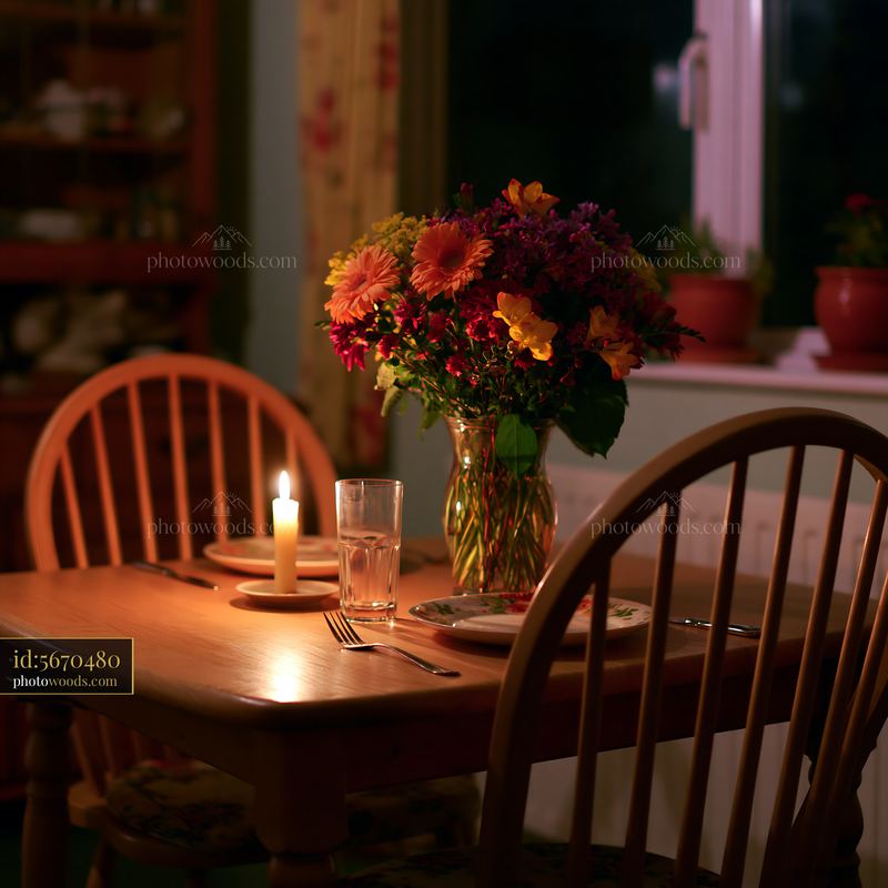 Empty dining chair with flowers and candlelit birthday table