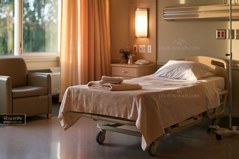 Empty hospital bed in a warm, quiet care room