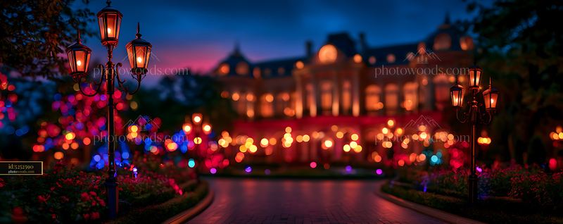 European Resort Facade at Night With Colorful Lights in the Garden