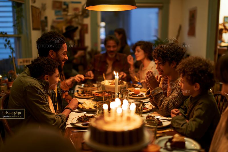 Family birthday dinner with candles and warm indoor lighting