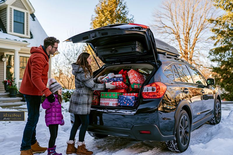 Family Loading Gifts into a Car for a Winter Holiday Road Trip