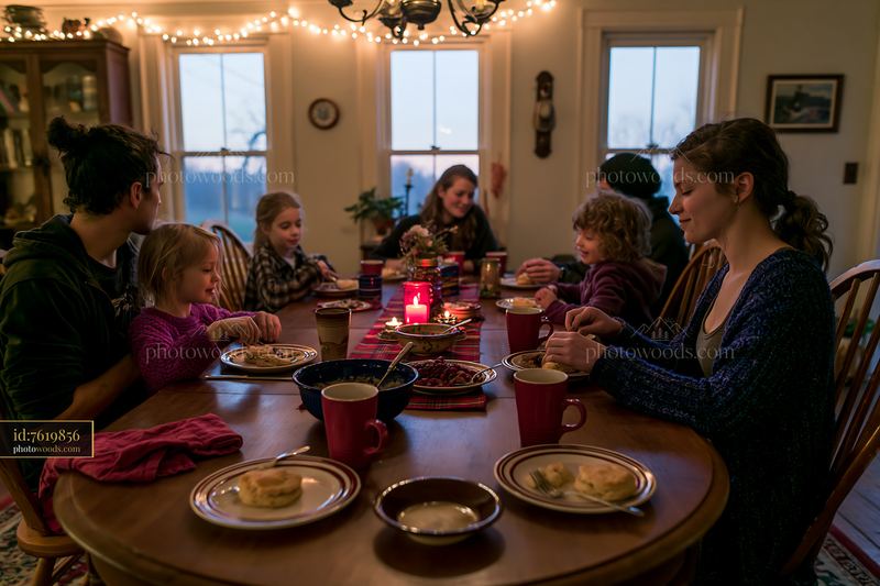 Family sharing a festive Christmas breakfast at home
