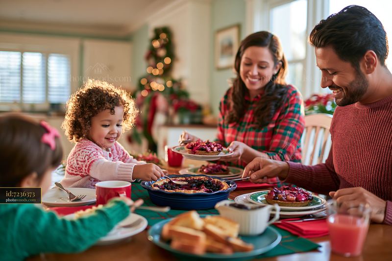 Family sharing Christmas breakfast around a festive table