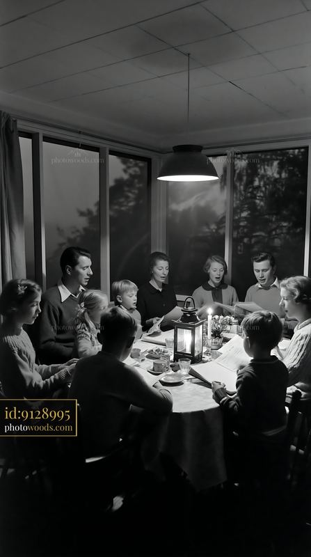 Family singing Christmas carols around a candlelit table