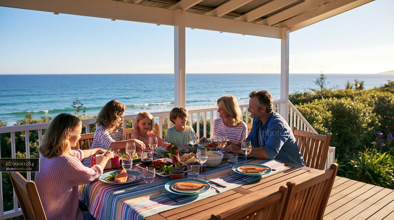 Family birthday lunch on a seaside deck