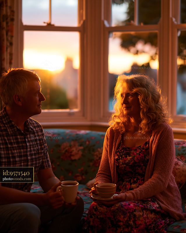 Family Sharing Tea During Sunset Conversation