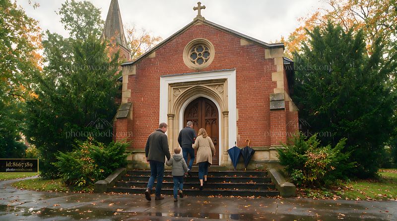 Family Visiting a Small Church in Autumn