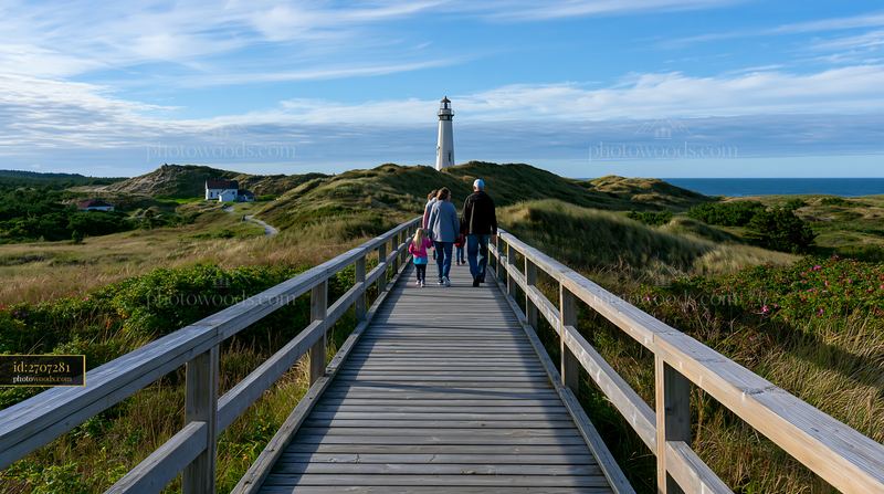 Family walking on boardwalk toward a coastal lighthouse