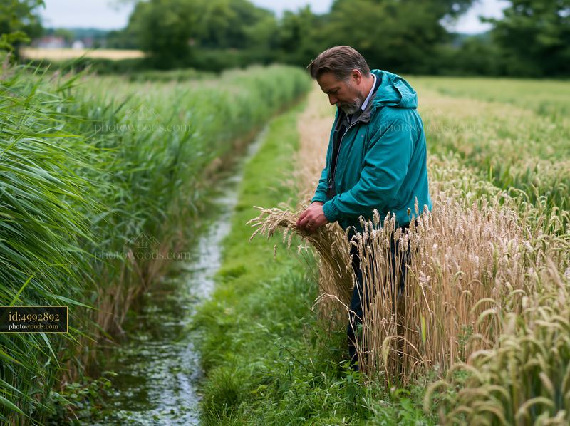 Farmer inspecting wheat crops beside a meadow stream