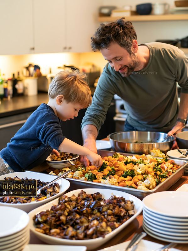 Father and child serving roasted vegetables at a home buffet
