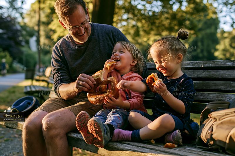 Father enjoys a giant pretzel with children in a park