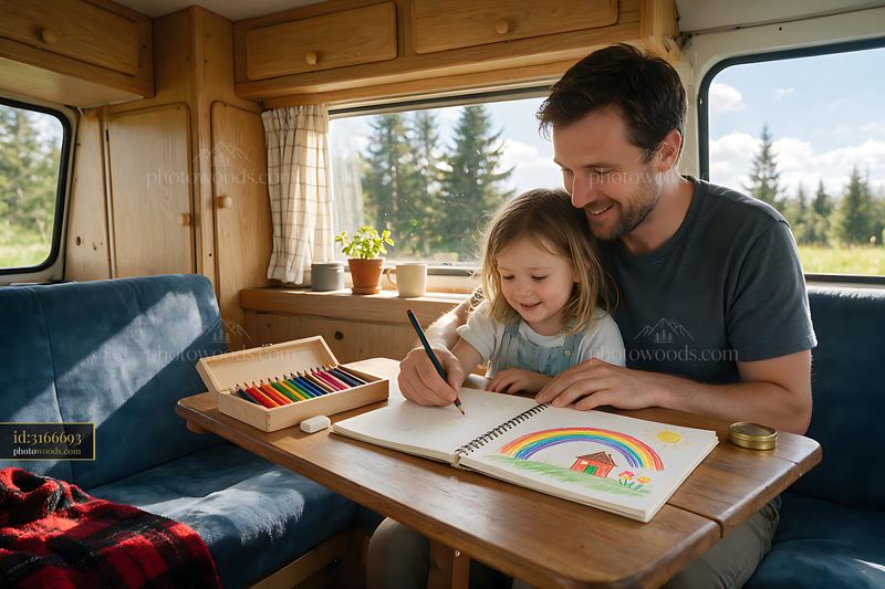 Father and Daughter Drawing Together in a Camper Van Setting