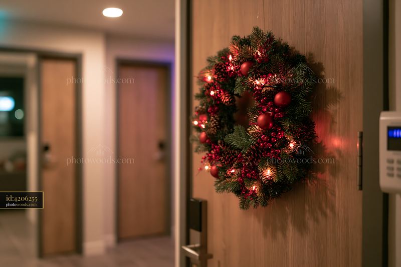 Festive Christmas wreath with lights on an apartment door