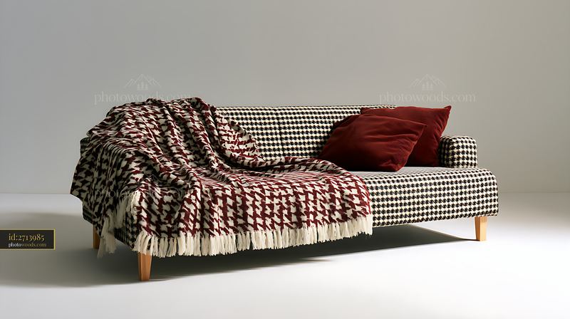 Festive sofa with blankets and pillows in a neutral room