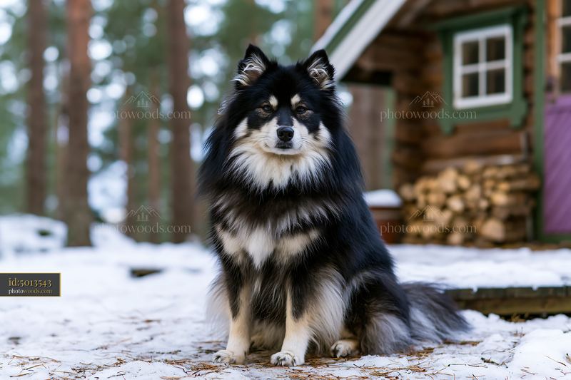 Finnish Lapphund Sitting in Snow Near Log Cabin in Winter