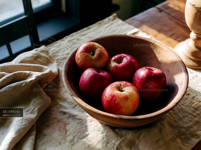 Apples in a Wooden Bowl on Stained Handmade Linen