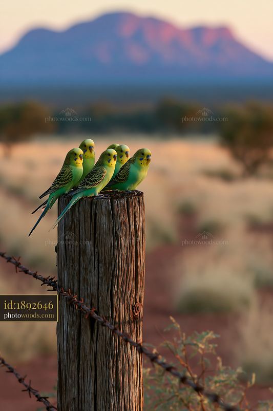 Budgerigar flock perched on a post in desert landscape
