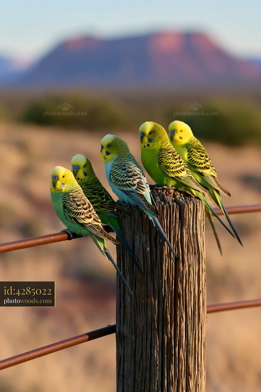 Five budgerigars perched on a post in a desert landscape
