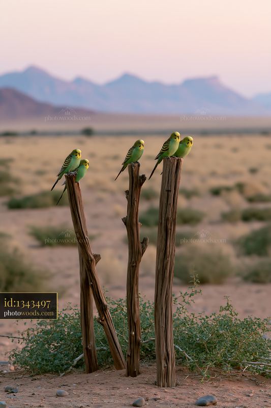 Five colorful budgerigars perch on weathered wooden posts above a sandy desert landscape with distant mountains.