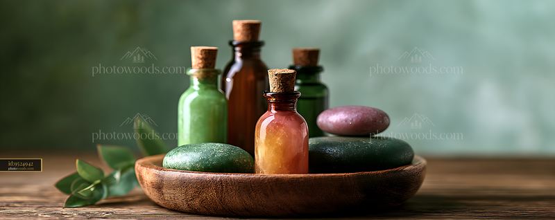Glass bottles on a wooden plate with stones in natural setting