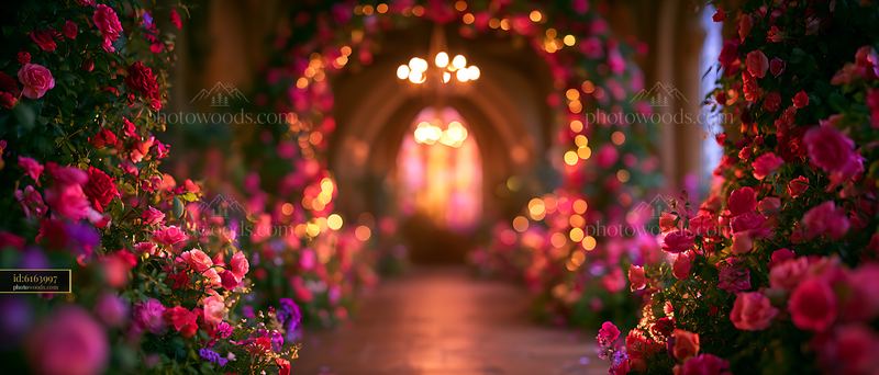Floral Garlands in a Chapel Corridor With Soft Lighting