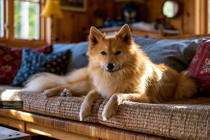 Fluffy dog relaxing on a woven sofa at home