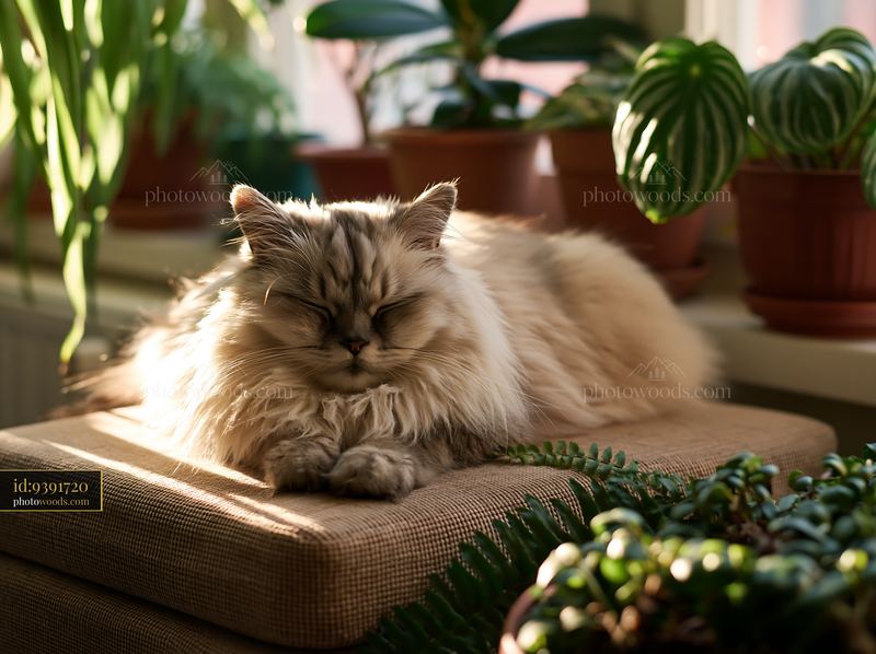 Long-haired cat sleeping on a cushion among houseplants