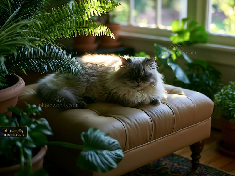 Long-haired cat sleeping on a leather chair among houseplants