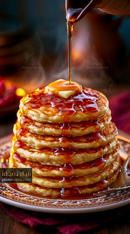 Fluffy Pancakes Stacked With Melted Butter and Maple Syrup