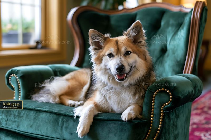 Fluffy dog relaxing on an elegant green velvet armchair