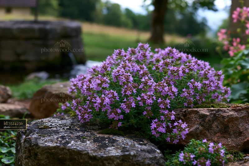 Fog drifting across meadow with blooming flowers and stones