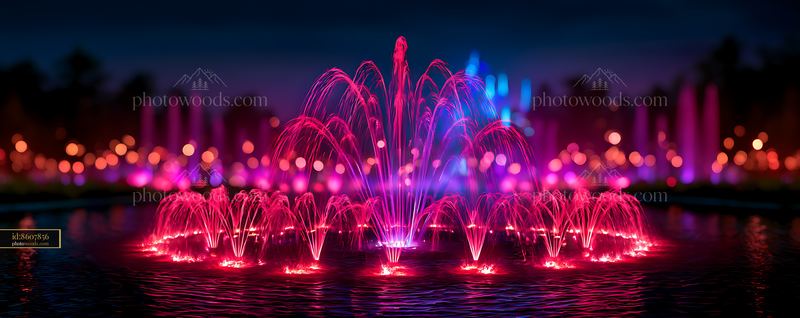 Fountain With Colorful Lights Shooting Upward at Night