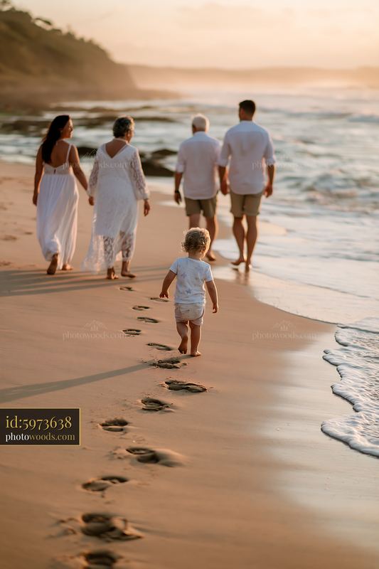 Family walking along a beach at sunset