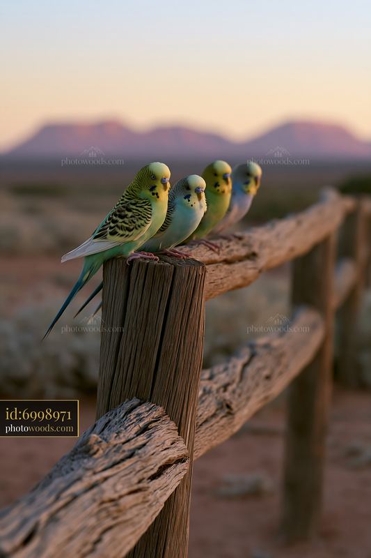 Budgerigar flock on wooden fence in desert landscape