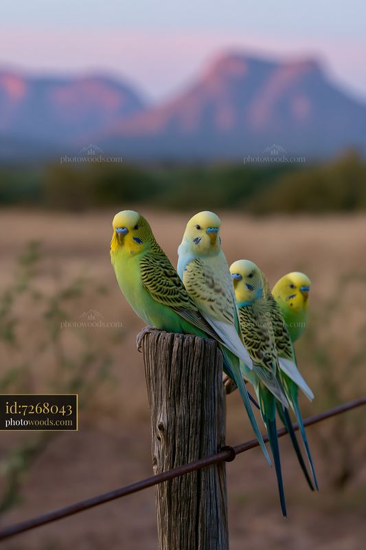 Four colorful budgerigars perch on a weathered wooden post above a sandy desert landscape.