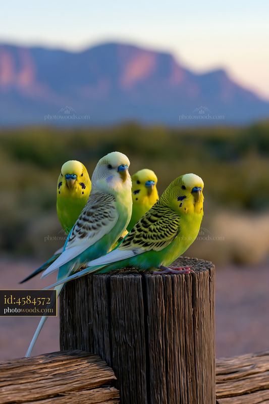 Four colorful budgerigars perch on a weathered wooden post with blurred mountains and desert scenery behind them.