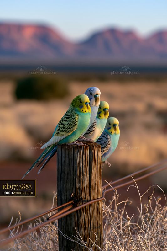 Budgerigars perched on a wooden post in desert landscape