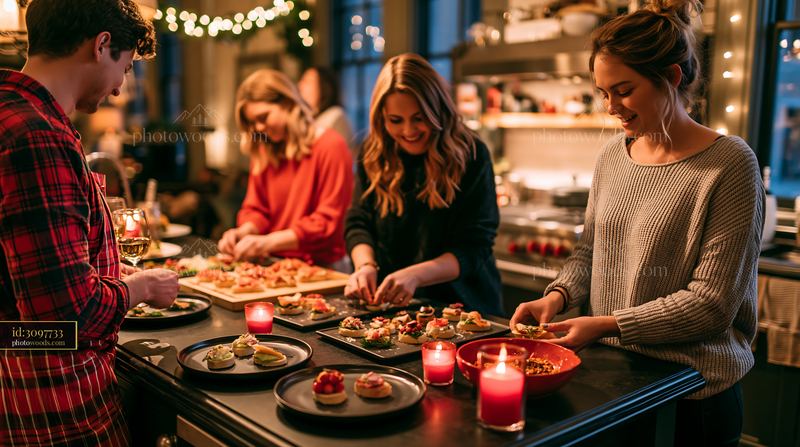 Christmas dinner preparation in a warm kitchen with friends