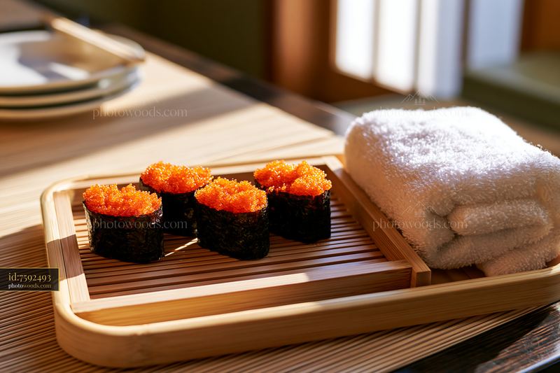 Tobiko roe sushi platter with towels on a wooden tray