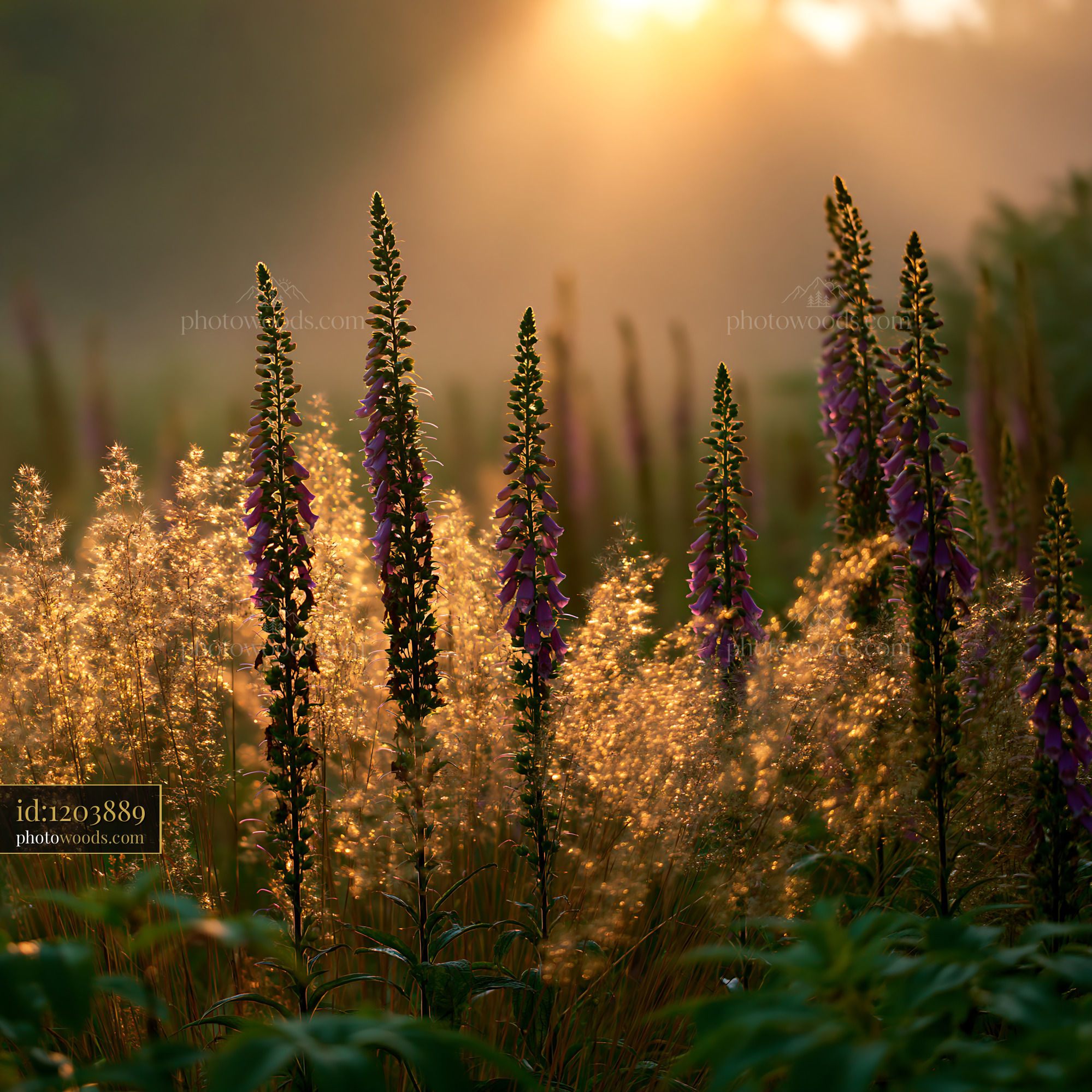 Foxglove, Digitalis Purpurea, Blooming in Golden Hour Light