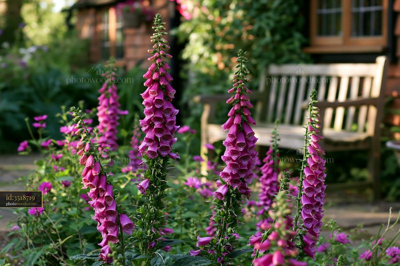 Foxglove flowers bloom near a rustic cottage in a garden setting