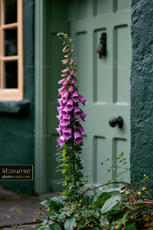 Foxglove flowers bloom near a green cottage door
